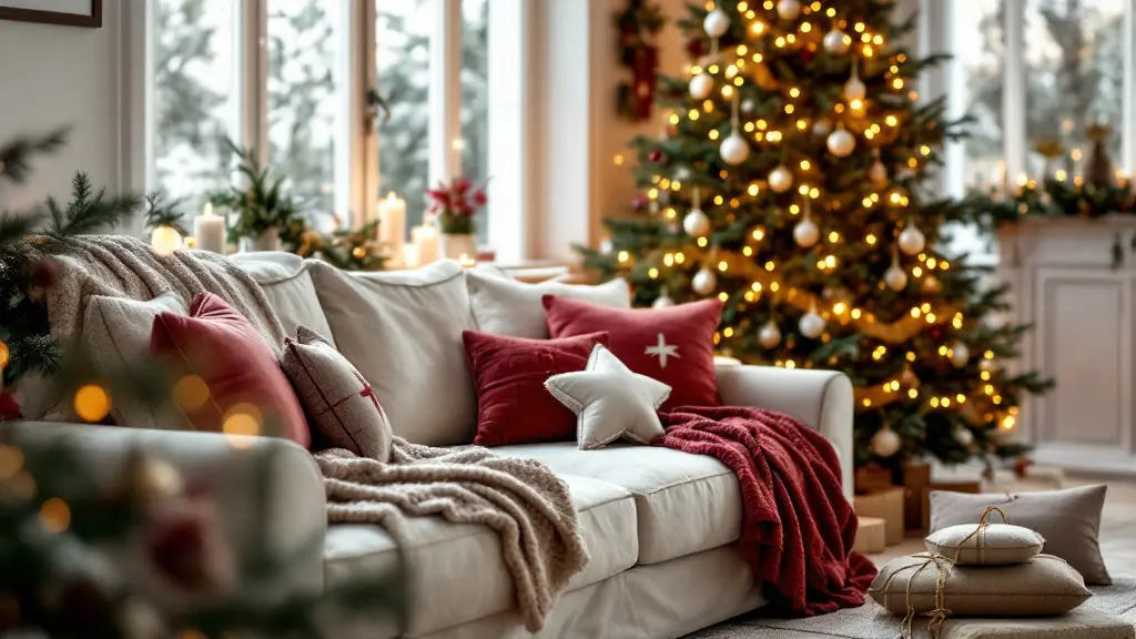 Salon décoré pour Noël avec un canapé habillé d'une housse festive, un plaid de saison et des coussins étoilés