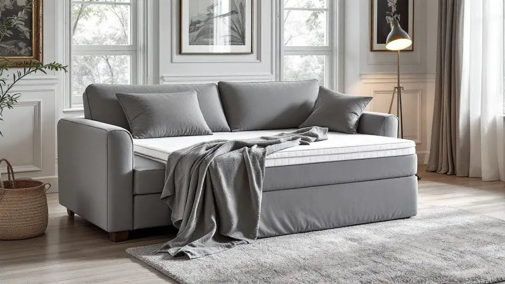 Housse BZ 140x190 grise installee sur une banquette convertible dans un salon lumineux
