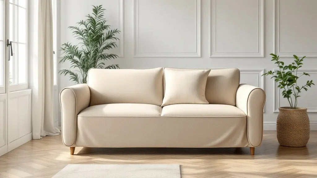 Housse de canapé 2 places extensible beige installée sur un canapé dans un salon lumineux