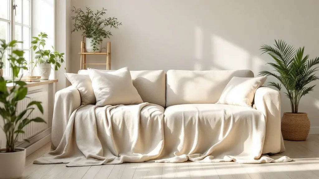 Housse de canapé beige aux tons naturels dans un salon lumineux et apaisant