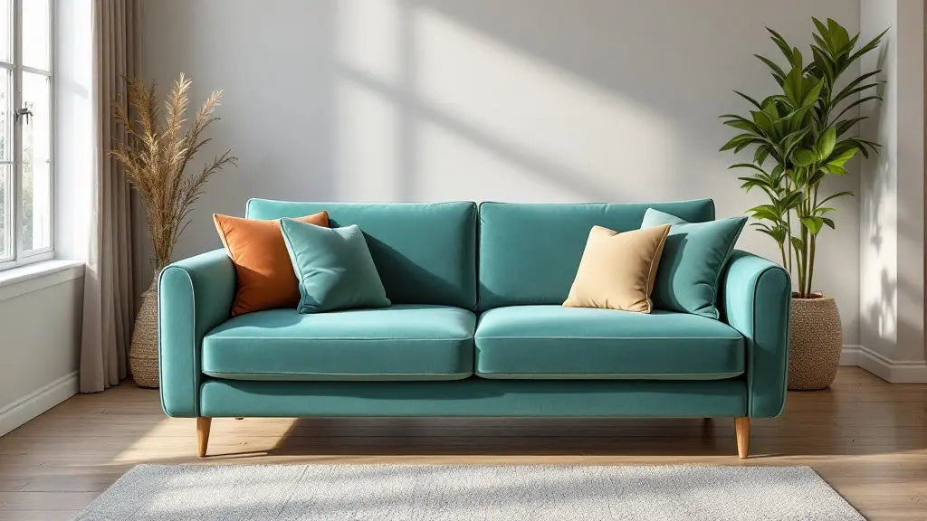 Housse canapé chic en velours bleu canard dans un salon moderne et lumineux