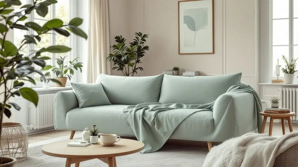Housse de canapé vert sauge dans un salon lumineux et cosy