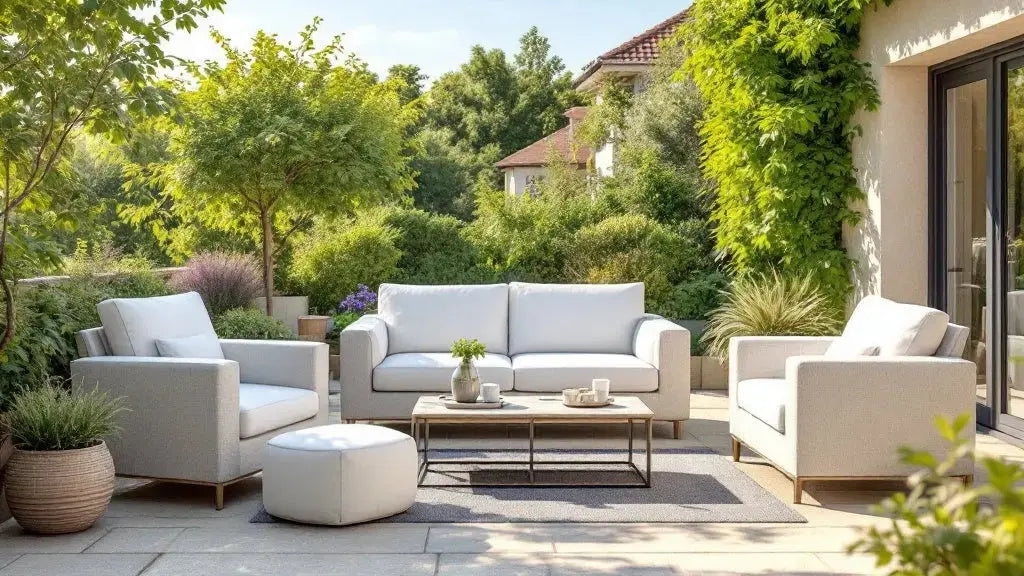 Housse de protection pour salon de jardin sur une terrasse ensoleillée en pleine canicule