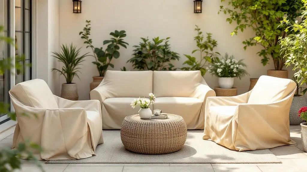 Housse de protection pour salon de jardin sur une terrasse française ensoleillée