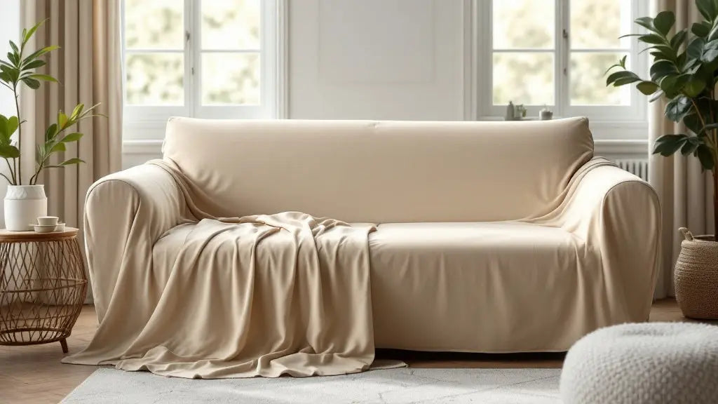 Housse de canapé lavable à 60°C beige posée sur un canapé dans un salon lumineux