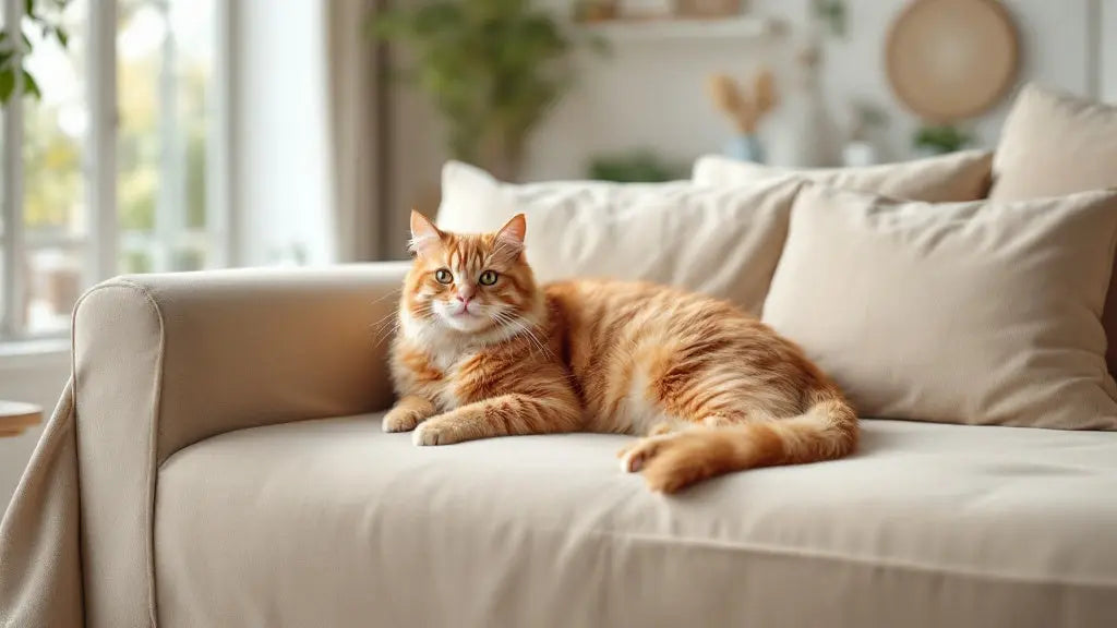 Chat roux sur canapé protégé par une housse extensible dans un salon français