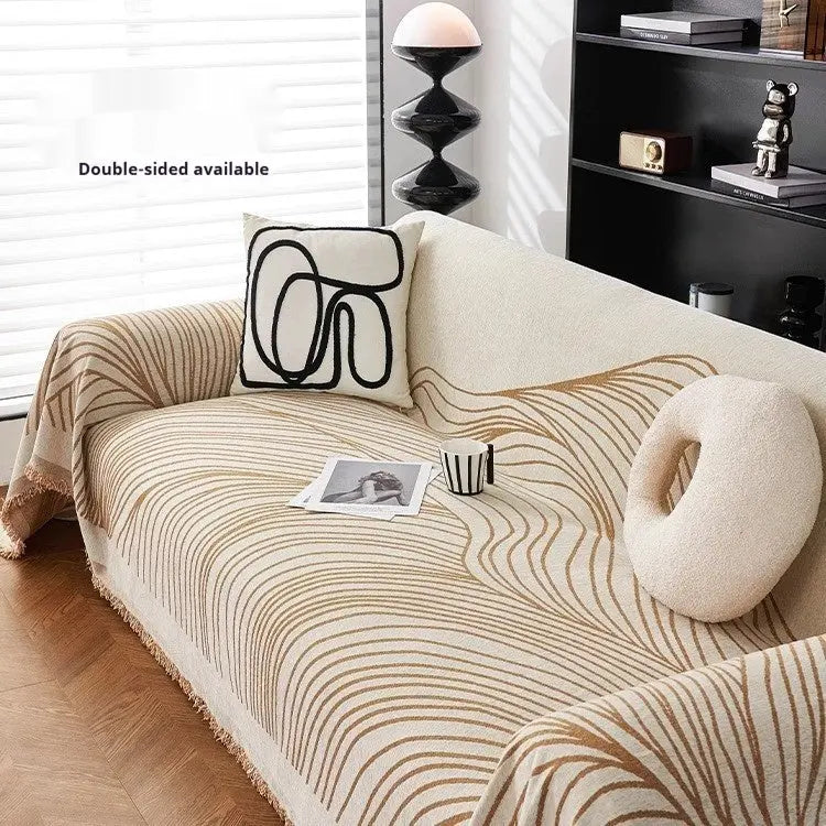 Plaid Canapé Chenille Moderne SIMOLI Line Art Beige-180X420cm