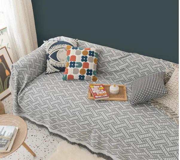 Plaid Canapé Moderne Polyester **CHENLEA** Gray White Grid-180x340cm