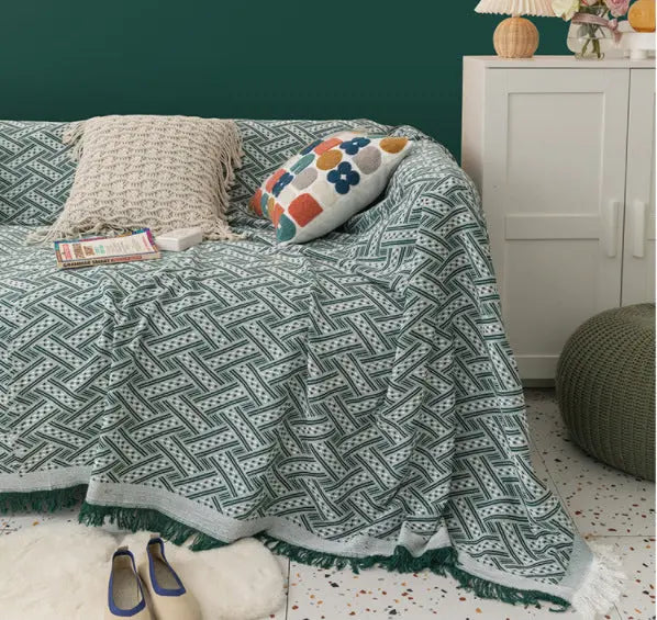 Plaid Canapé Moderne Polyester **CHENLEA** Dark Green And White Plaid-180x180cm