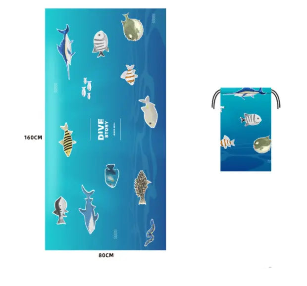 Serviette Plage Microfibre VAIANO Ocean blue fish-80x160cm Round mesh bag