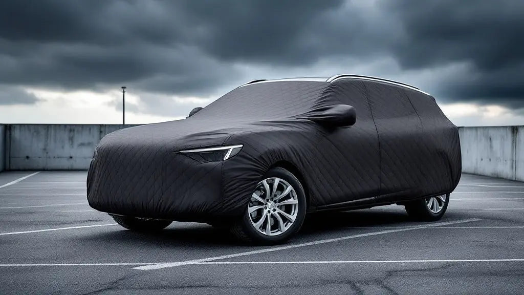 Bâche anti-grêle voiture matelassée protégeant un SUV en stationnement extérieur sous un ciel d'orage