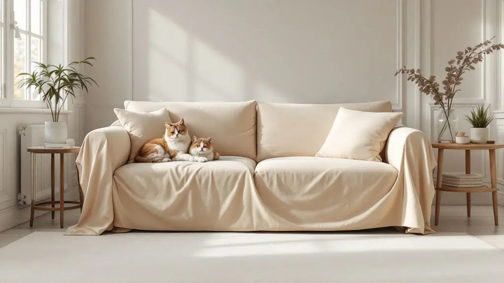 Housse de protection canapé avec animaux dans un salon moderne et lumineux