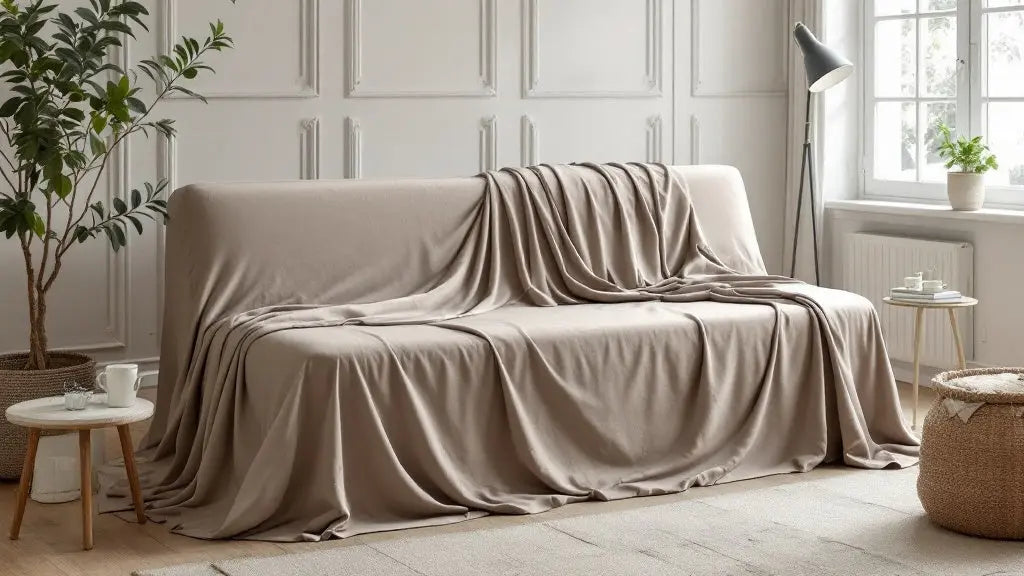 Housse clic clac 140x190 taupe posée sans plis sur un canapé convertible dans un salon lumineux