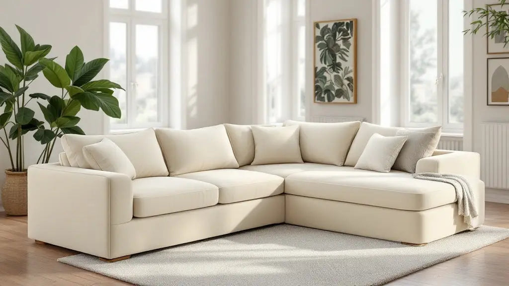 Housse canapé d'angle beige extensible posée sur un canapé en L dans un salon lumineux