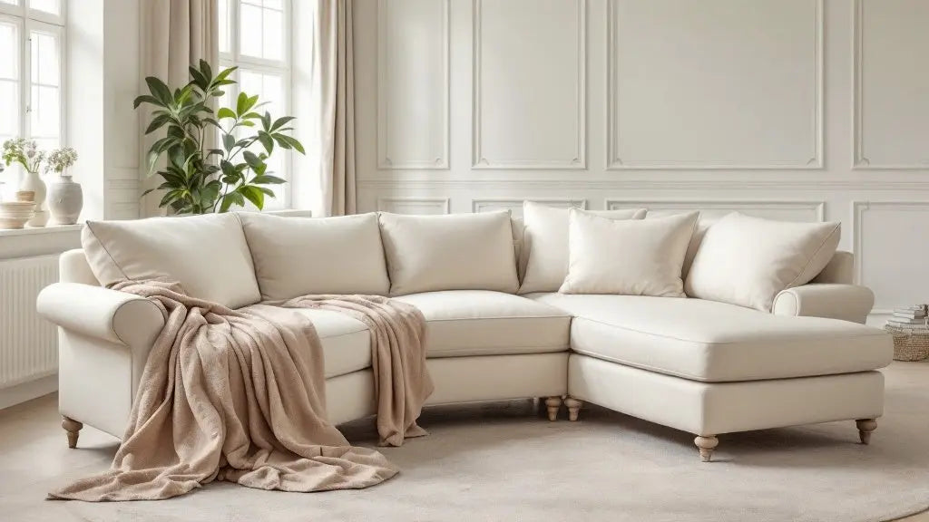 Housse de méridienne beige posée sur la partie allongée d'un canapé d'angle dans un salon lumineux