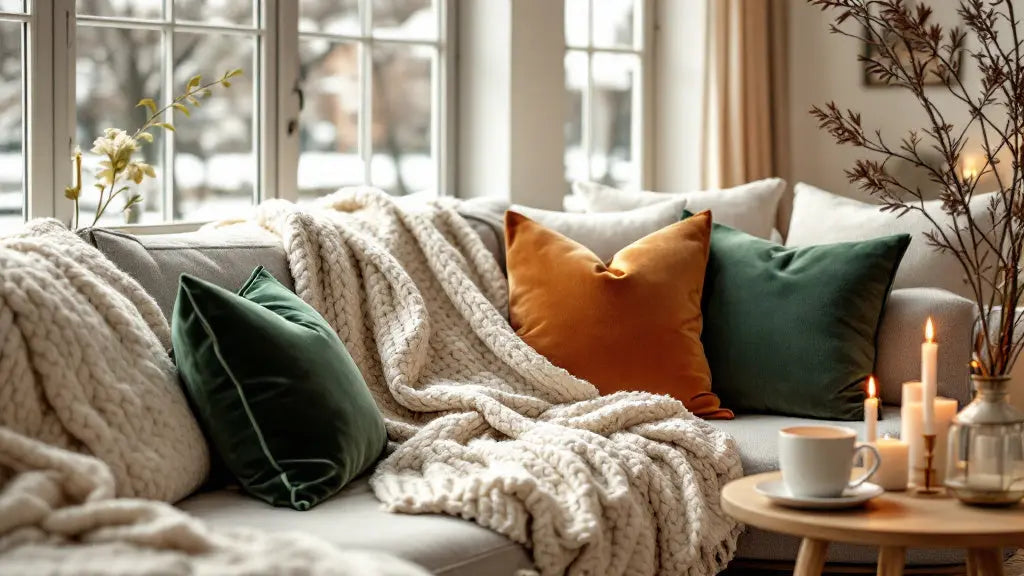 Salon d'hiver cocooning avec plaid en maille et coussins en velours sur un canapé