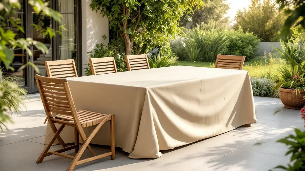Housse pour table de jardin imperméable posée sur une table d'extérieur ensoleillée