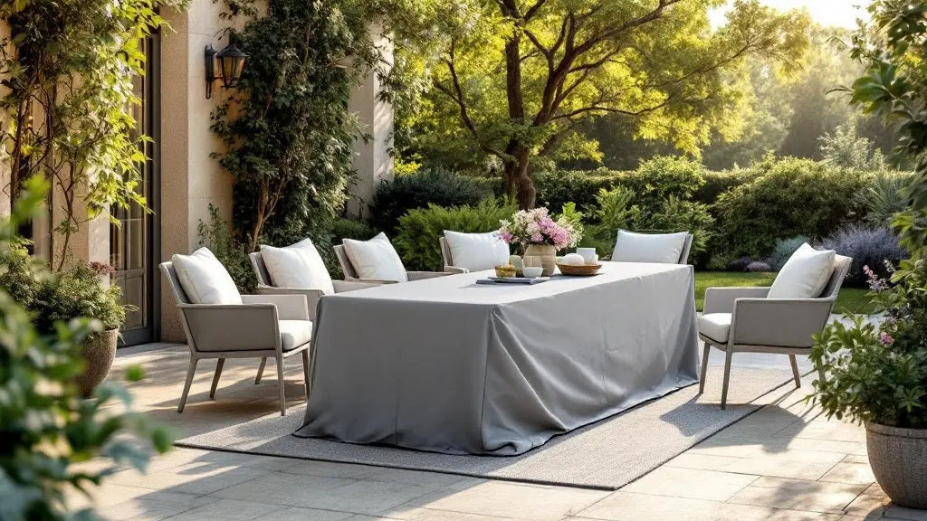 Housse salon de jardin imperméable protégeant un mobilier de terrasse 6 places