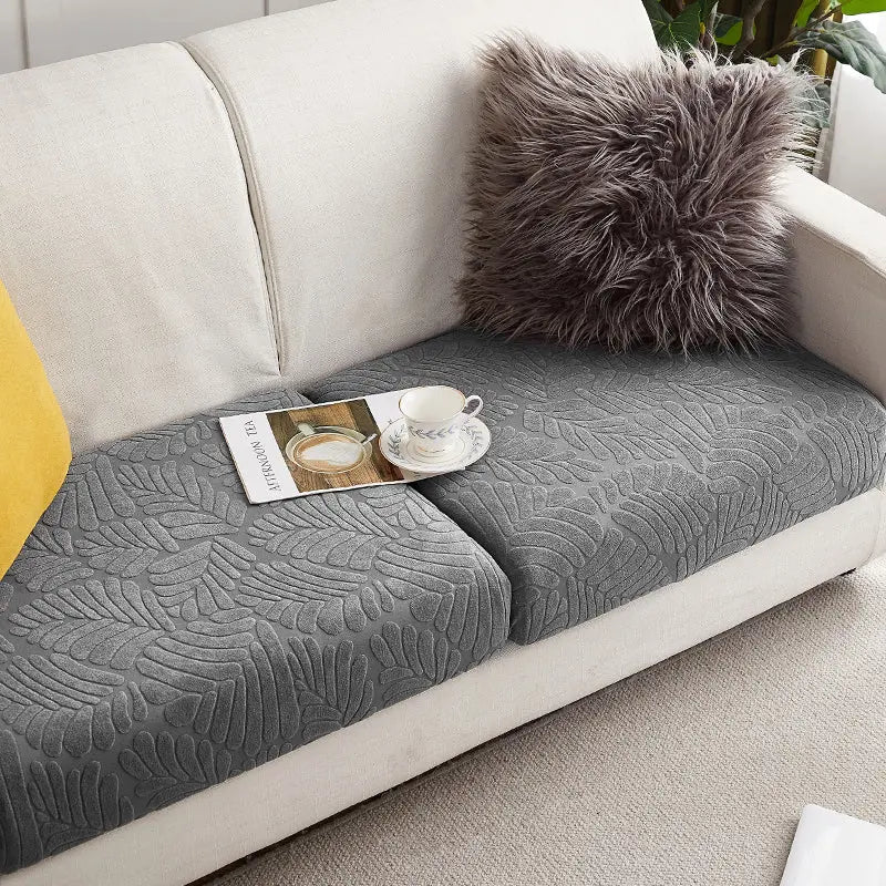 Housse Assise Canapé Extensible BRIVINE Grey large leaves-Plus XL