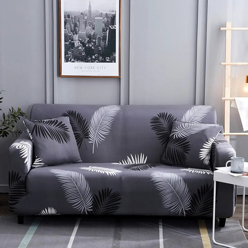 Housse de Canapé Élastique ZELDO Black Feather Leaf-145to185 Double
