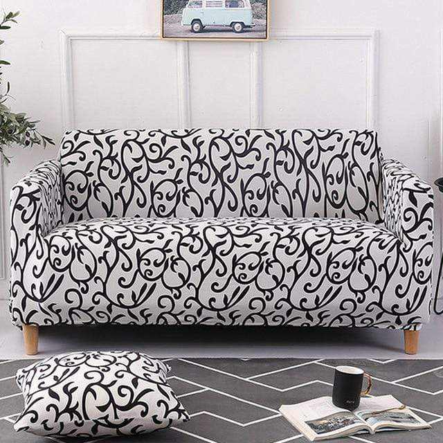 Vue d'ensemble housse canapé extensible MAGIC SOFA motif floral, intérieur décoré