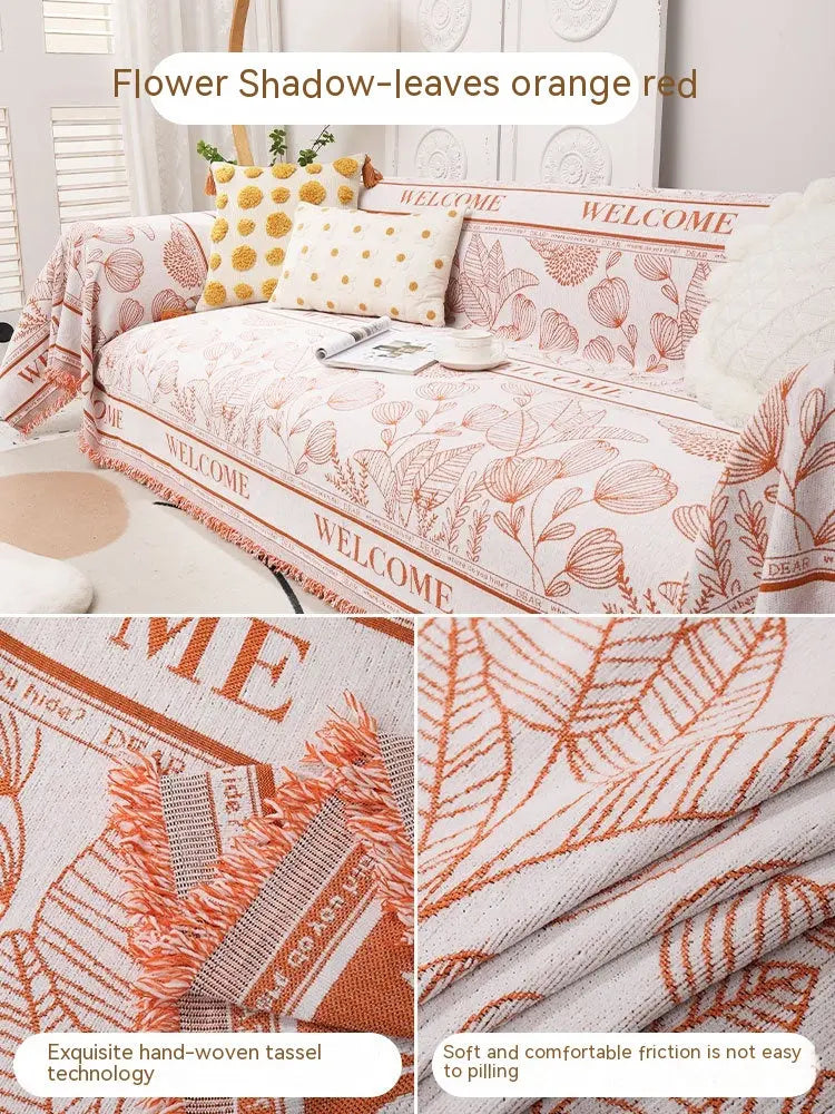 Plaid Canapé Chenille Floral **CHENOVA** Leaves Orange Red-180x230cm