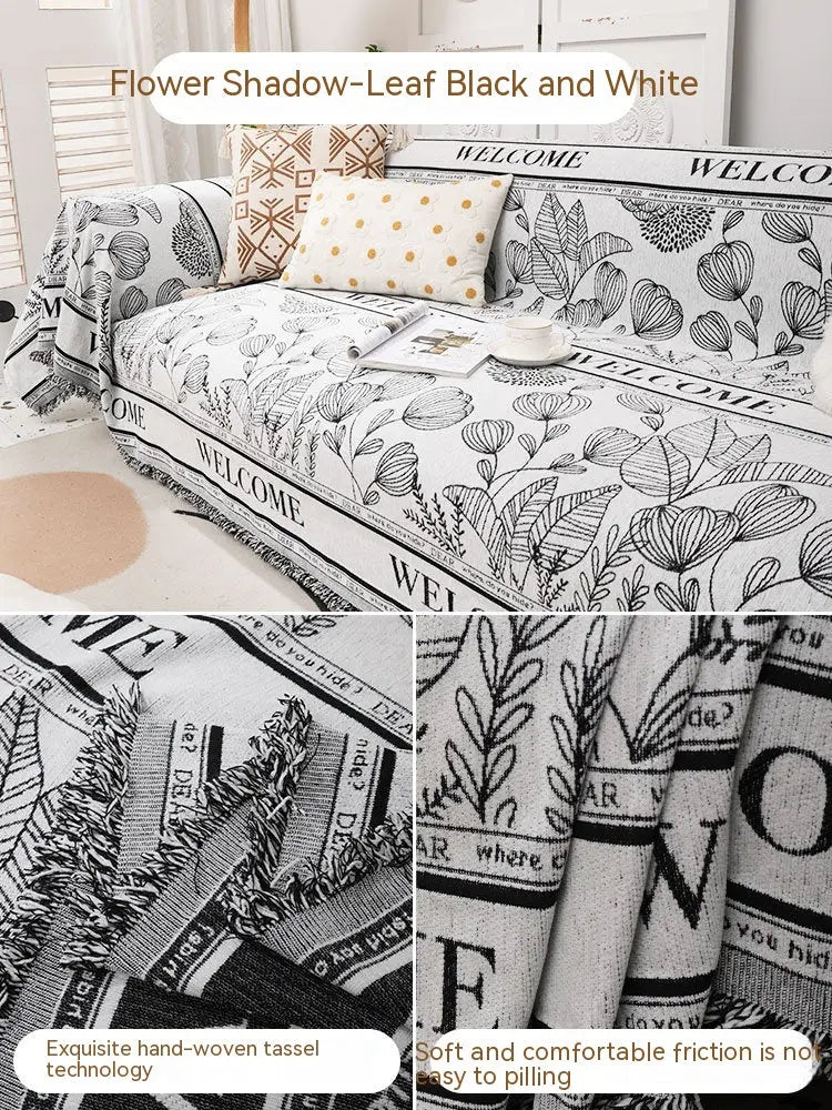 Plaid Canapé Chenille Floral **CHENOVA** Leaves Black And White-180x380cm
