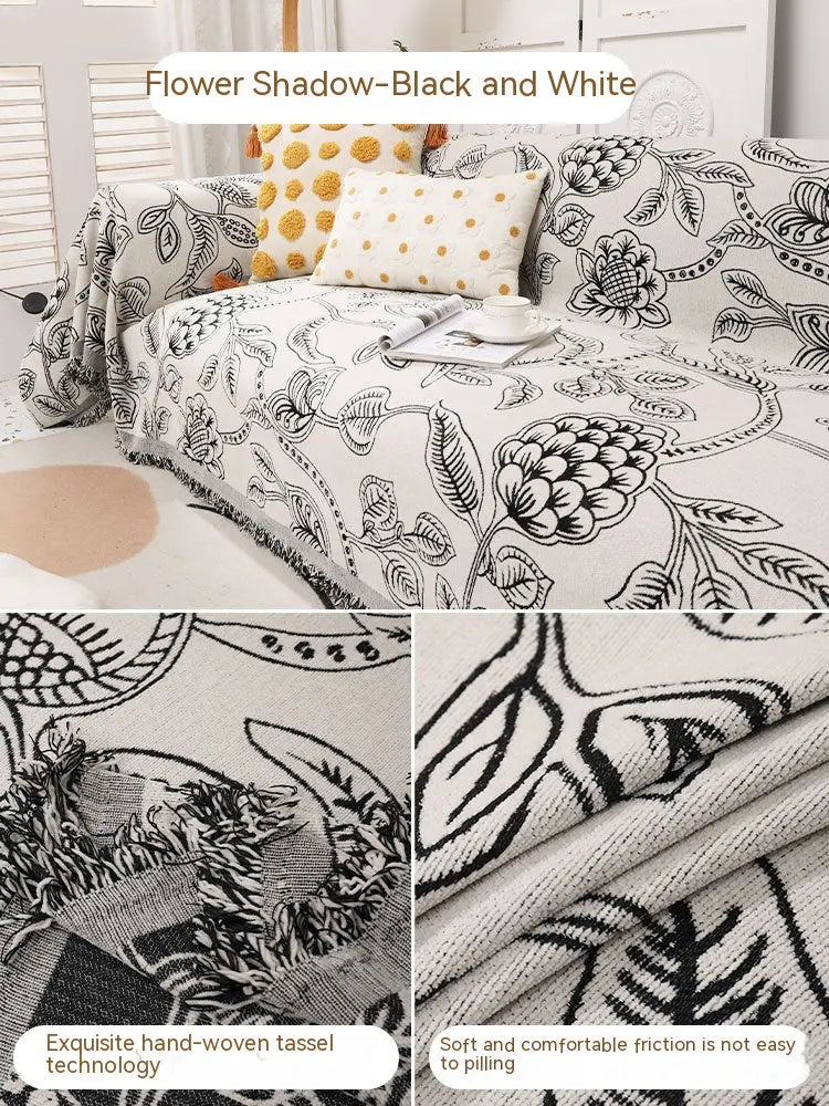 Plaid Canapé Chenille Floral **CHENOVA** Flower Shadow Black And White-180x280cm