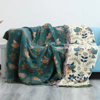 Plaid Canapé Coton Moderne SPRINA Spring Bird Style Blue-230cmx 250cm