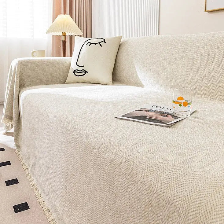 Plaid Canapé Imperméable Chenille ANTELI Herringbone Beige-180x180cm